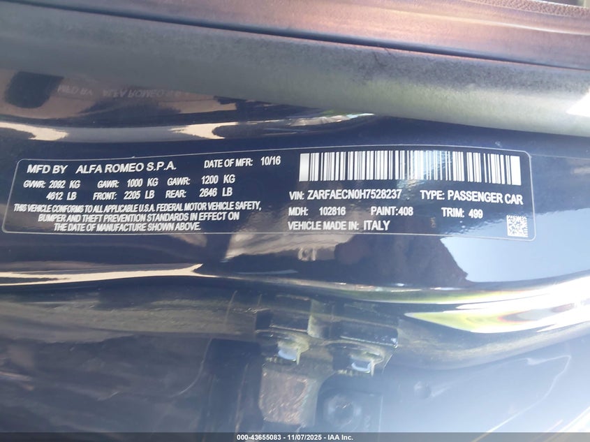 2017 Alfa romeo Giulia VIN ZARFAECN0H7528237 IAAI salvage auction — UNKNOWN, Salvage (California), sold $1,550 on 2026-07-29 (photo 9)