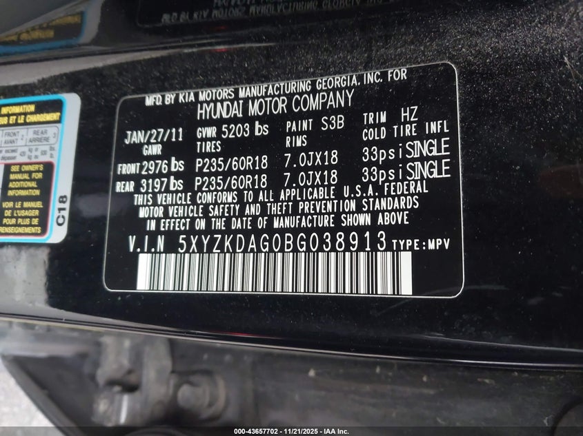 2011 Hyundai Santa fe VIN 5XYZKDAG0BG038913 IAAI salvage auction — FRONT END, Salvage (Idaho), sold $1,625 on 2026-07-09 (photo 9)