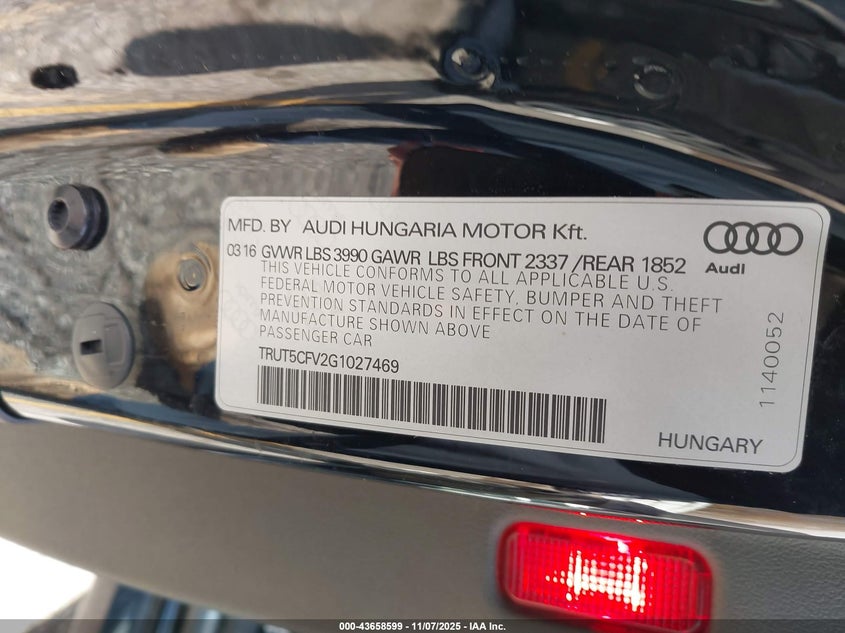 2016 Audi Tt VIN TRUT5CFV2G1027469 IAAI salvage auction — FRONT END, Salvage (Michigan), sold $4,475 on 2026-07-20 (photo 9)