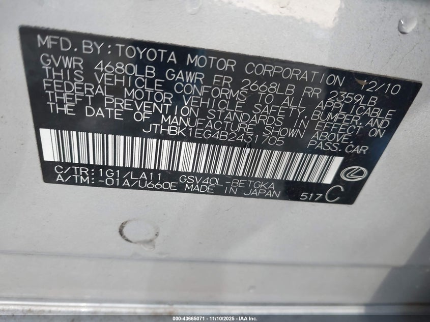 2011 Lexus ES VIN JTHBK1EG4B2431705 IAAI salvage auction — RIGHT REAR, Salvage (New Mexico), sold $900 on 2026-07-29 (photo 9)