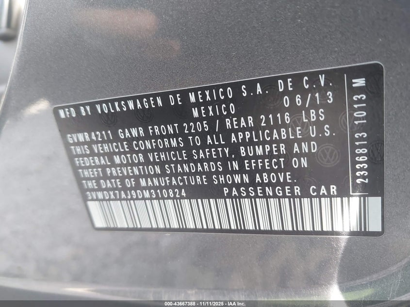 2013 Volkswagen Jetta VIN 3VWDX7AJ9DM310824 IAAI salvage auction — REAR END, Salvage (Oklahoma), sold $400 on 2026-07-26 (photo 9)