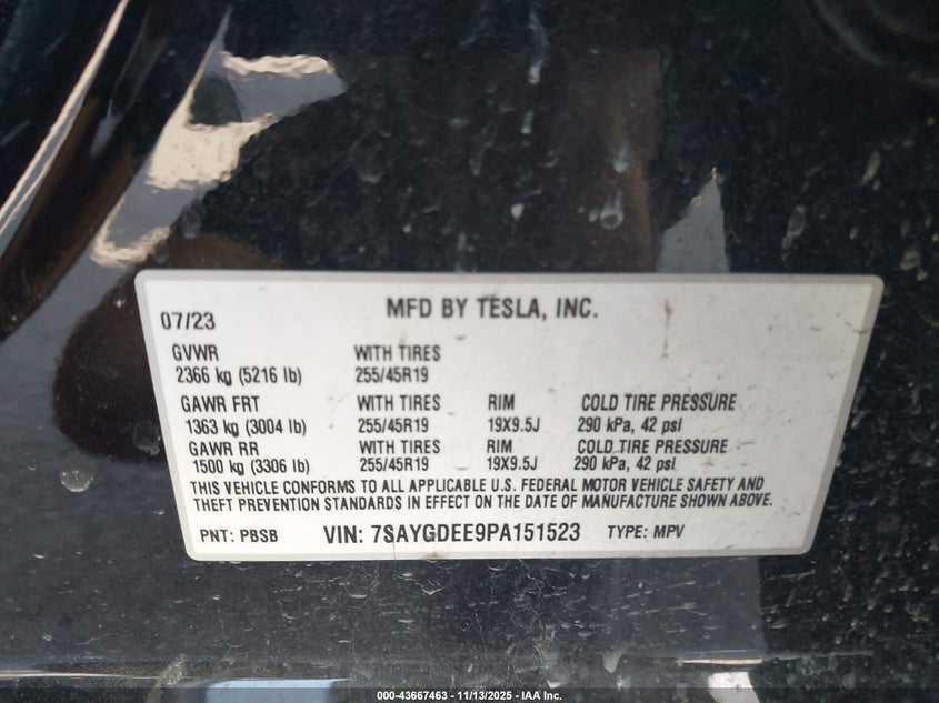 2023 Tesla Model y VIN 7SAYGDEE9PA151523 IAAI salvage auction — FRONT END, Salvage (Texas), sold $6,500 on 2026-07-16 (photo 9)