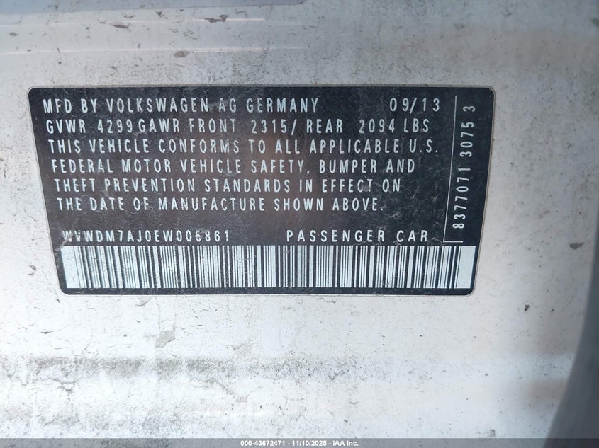 2014 Volkswagen Golf VIN WVWDM7AJ0EW006861 IAAI salvage auction — SIDE, Clear (Indiana), sold $1,750 on 2026-07-17 (photo 9)