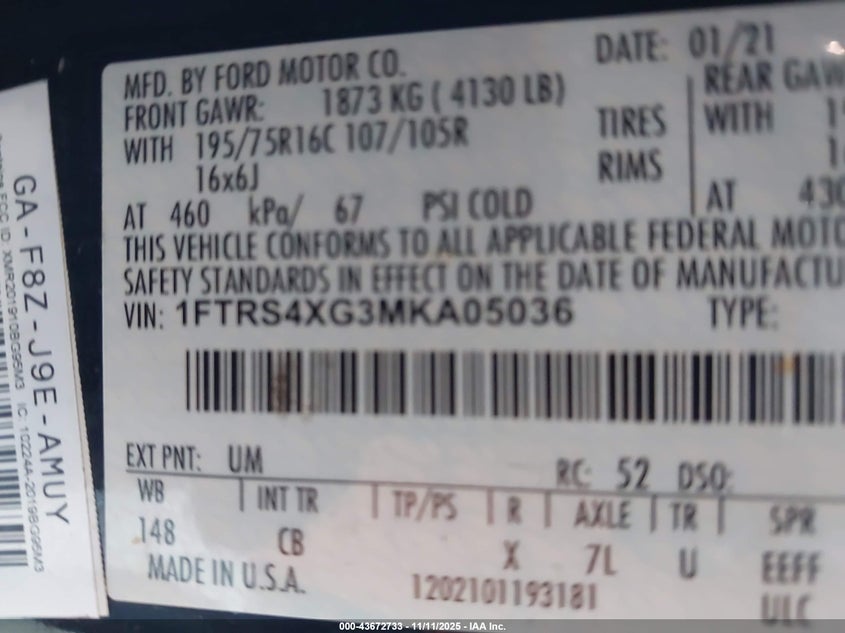 2021 Ford Transit-350 VIN 1FTRS4XG3MKA05036 IAAI salvage auction — RIGHT SIDE, Other, sold $18,750 on 2026-07-20 (photo 4)