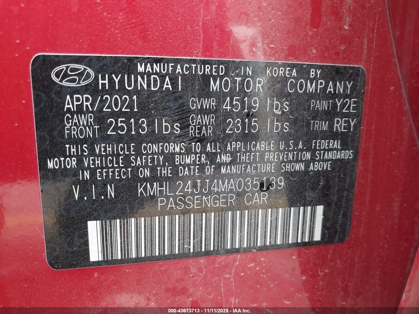 2021 Hyundai Sonata VIN KMHL24JJ4MA035139 IAAI salvage auction — ROOF, Salvage (Indiana), sold $5,625 on 2026-07-13 (photo 9)