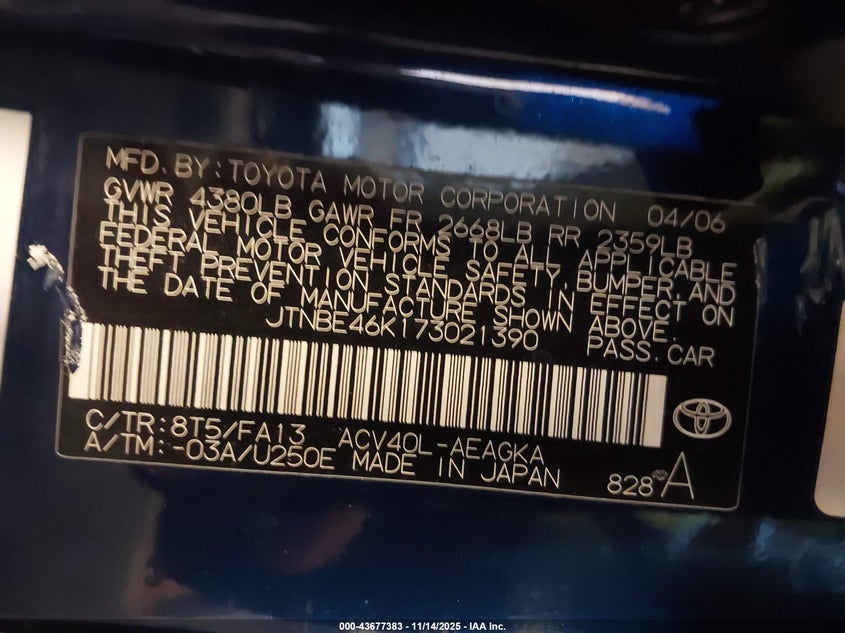 2007 Toyota Camry VIN JTNBE46K173021390 IAAI salvage auction — MECHANICAL, Salvage (Texas), sold $100 on 2026-07-14 (photo 9)