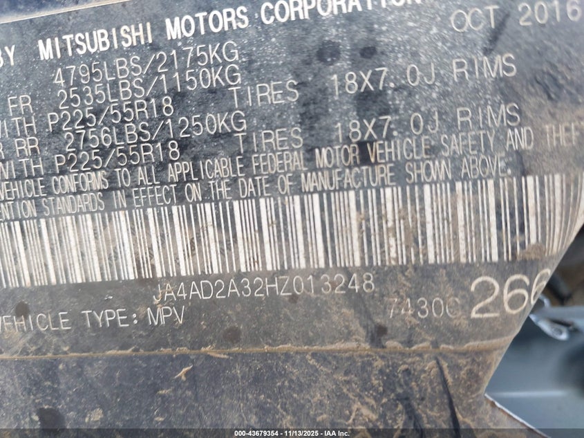 2017 Mitsubishi Outlander VIN JA4AD2A32HZ013248 IAAI salvage auction — ROLLOVER, Salvage Title, sold $100 on 2026-07-16 (photo 9)