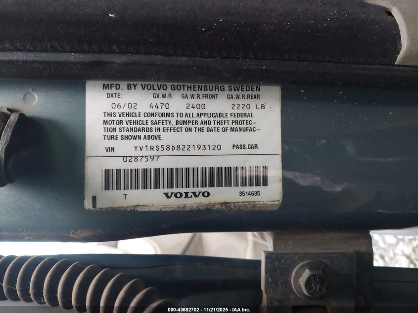 2002 Volvo S60 VIN YV1RS58D822193120 IAAI salvage auction — REAR END, Repossession Paperwork (Georgia), sold $250 on 2026-08-14 (photo 9)