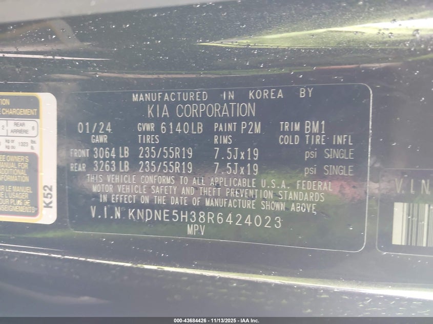 2024 Kia Carnival VIN KNDNE5H38R6424023 IAAI salvage auction — FRONT END, Salvage Title, sold $6,300 on 2026-07-25 (photo 9)