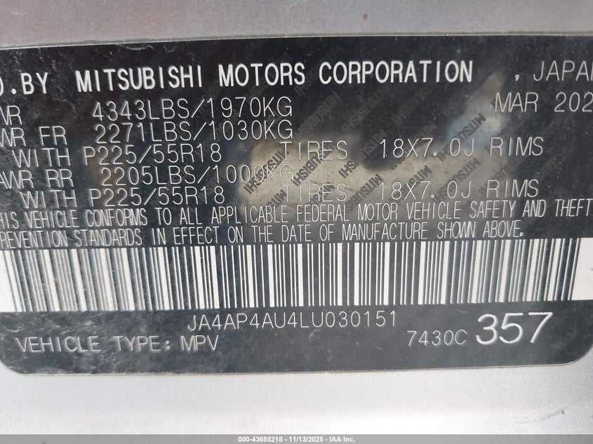2020 Mitsubishi Outlander VIN JA4AP4AU4LU030151 IAAI salvage auction — FRONT END, Salvage (Missouri), sold $1,650 on 2026-07-31 (photo 9)