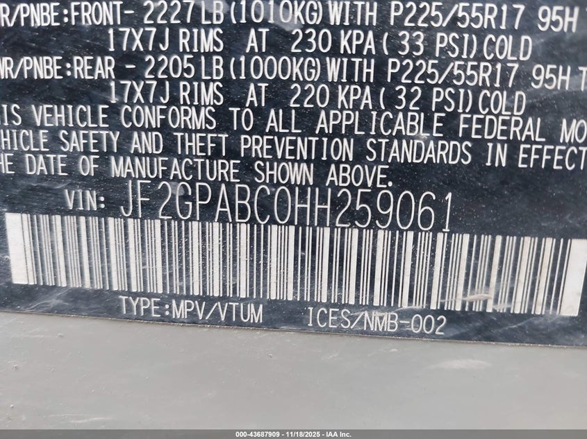 2017 Subaru Xv VIN JF2GPABC0HH259061 IAAI salvage auction — FRONT END, Salvage Title, sold $1,100 on 2026-07-21 (photo 9)