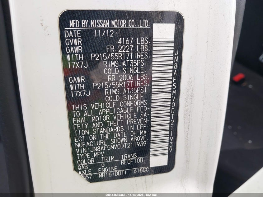 2013 Nissan Juke VIN JN8AF5MV0DT211939 IAAI salvage auction — UNKNOWN, Clear - Dealer Only (California), sold $750 on 2026-07-23 (photo 9)