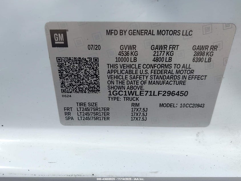2020 Chevrolet Silverado 2500 VIN 1GC1WLE71LF296450 IAAI salvage auction — FRONT END, Salvage (Texas), sold $7,050 on 2026-07-22 (photo 9)