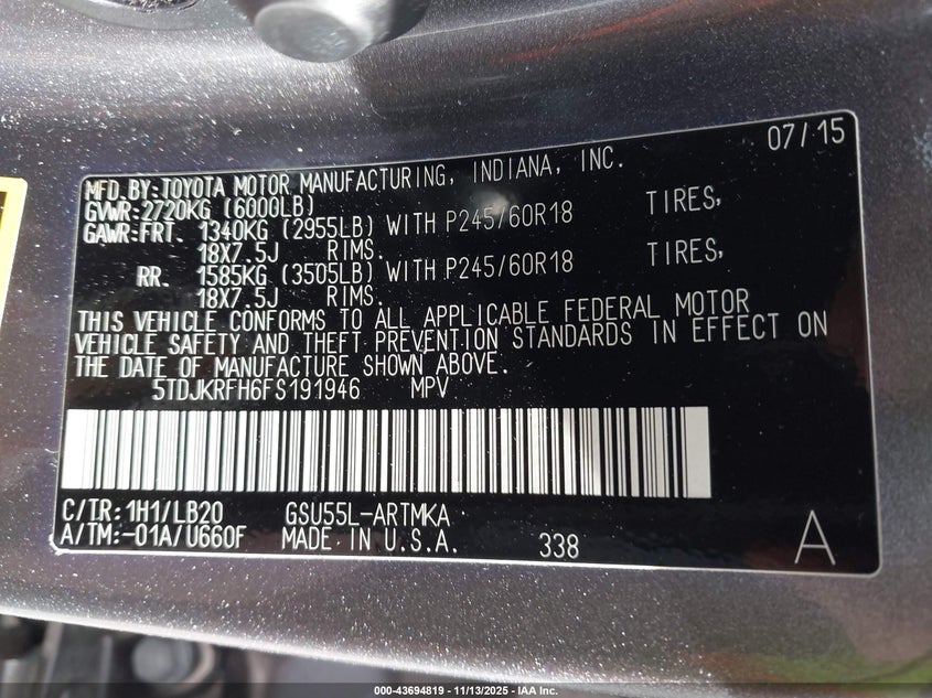 2015 Toyota Highlander VIN 5TDJKRFH6FS191946 IAAI salvage auction — FRONT END, Other, sold $3,800 on 2026-07-23 (photo 9)