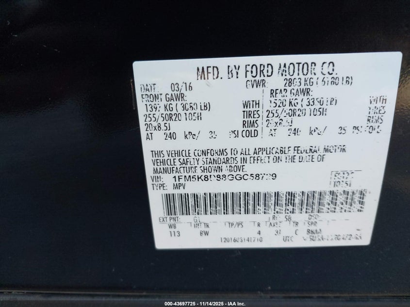 2016 Ford Explorer VIN 1FM5K8D88GGC58729 IAAI salvage auction — Front End, Salvage (Minnesota), sold $1,750 on 2026-02-02 (photo 9)