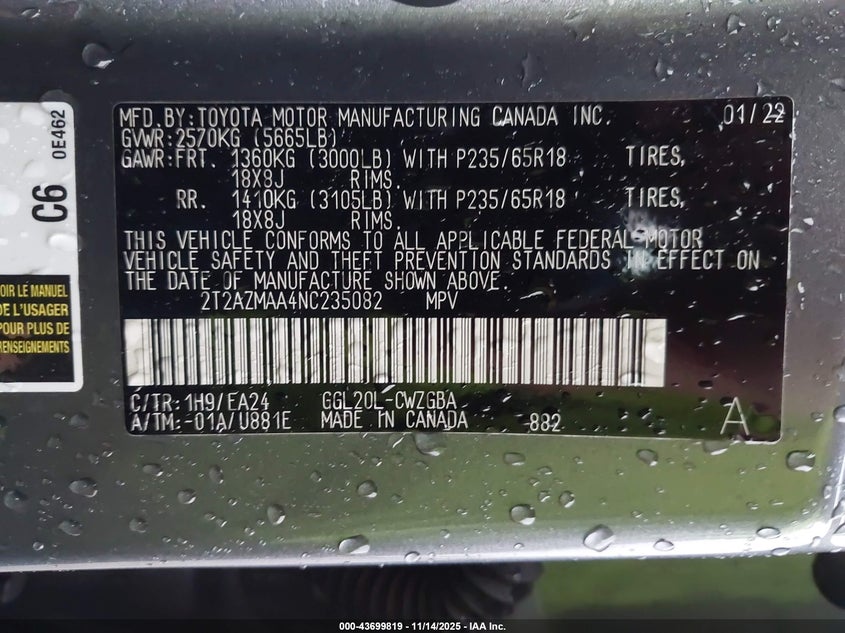2022 Lexus Rx 350 VIN 2T2AZMAA4NC235082 IAAI salvage auction — RIGHT FRONT, Other, sold $12,250 on 2026-07-29 (photo 9)