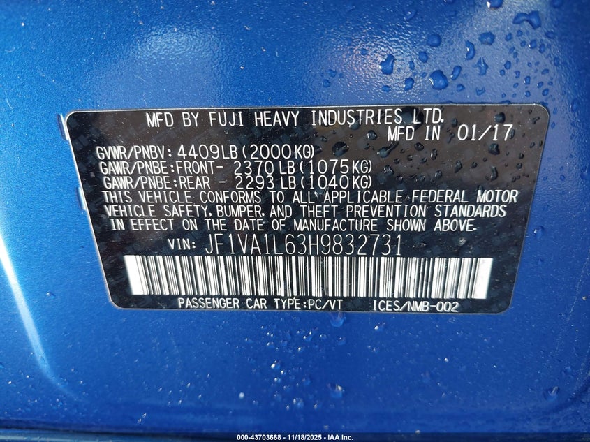 2017 Subaru Wrx VIN JF1VA1L63H9832731 IAAI salvage auction — RIGHT SIDE, Salvage Title, sold $4,075 on 2026-07-07 (photo 9)