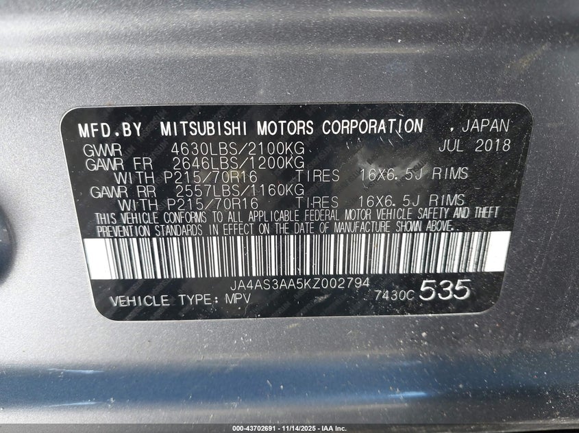 2019 Mitsubishi ECLIPSE VIN JA4AS3AA5KZ002794 IAAI salvage auction — THEFT, Mv-907A (New York), sold $3,725 on 2026-07-28 (photo 9)