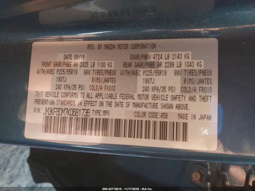 2019 Mazda Cx-5 VIN JM3KFBDM7K0681736 IAAI salvage auction — RIGHT SIDE, Salvage Title, sold $4,225 on 2026-07-21 (photo 9)