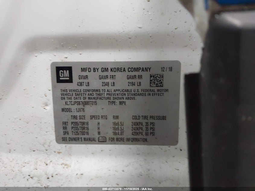 2019 Chevrolet Trax VIN KL7CJPSB7KB807315 IAAI salvage auction — FRONT END, Salvage Title, sold $1,225 on 2026-07-20 (photo 9)