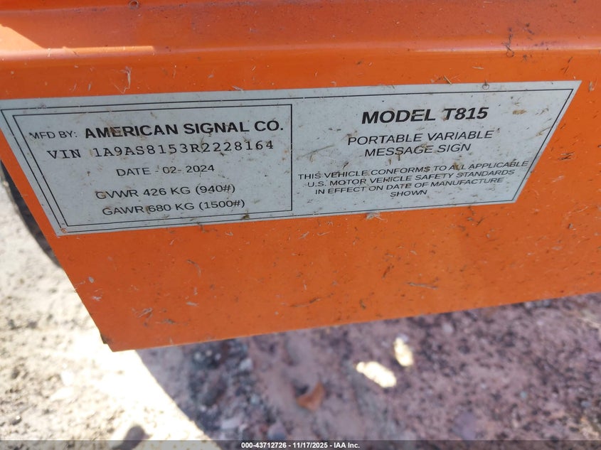 2023 American Signal t815 VIN 1A9AS8153R2228164 IAAI salvage auction — ALL OVER, Bill Of Sale (Georgia), sold $25 on 2026-07-17 (photo 9)