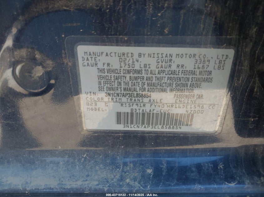 2014 Nissan Versa VIN 3N1CN7AP3EL858854 IAAI salvage auction — FRONT END, Other, sold $550 on 2026-07-09 (photo 9)