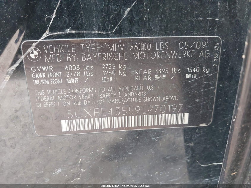 2009 BMW X5 VIN 5UXFE43559L270197 IAAI salvage auction — FRONT END, Bill Of Sale (Texas), sold $350 on 2026-07-13 (photo 9)