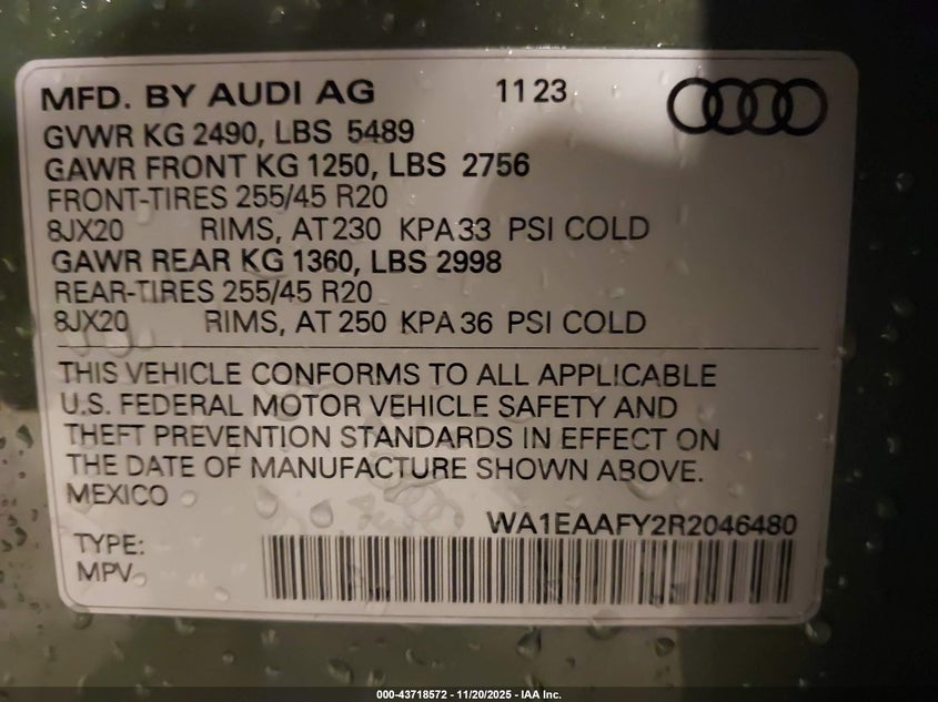 2024 Audi Q5 VIN WA1EAAFY2R2046480 IAAI salvage auction — RIGHT SIDE, Salvage (Iowa), sold $725 on 2026-07-07 (photo 9)