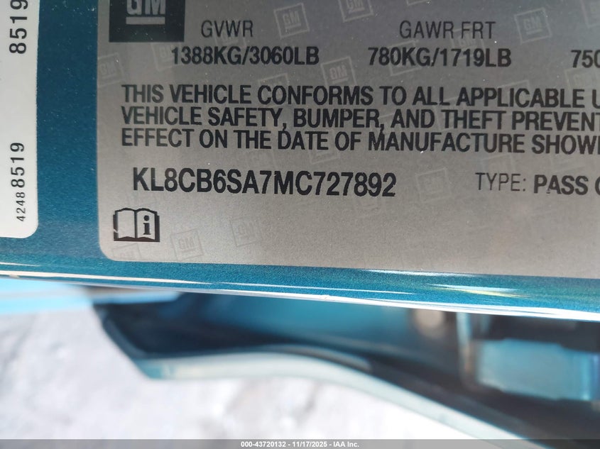 2021 Chevrolet Spark VIN KL8CB6SA7MC727892 IAAI salvage auction — REAR END, Salvage (Indiana), sold $1,650 on 2026-07-23 (photo 9)