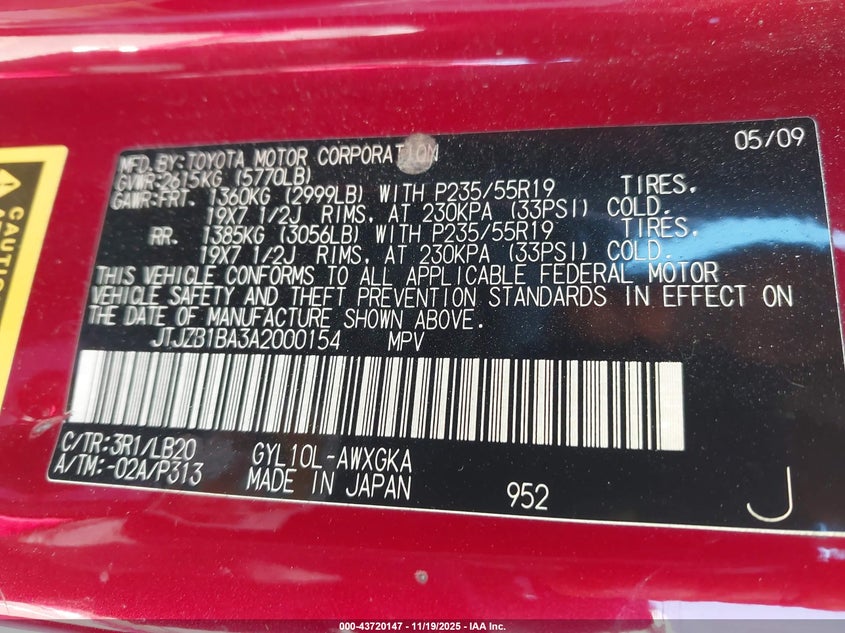 2010 Lexus Rx 450h VIN JTJZB1BA3A2000154 IAAI salvage auction — RIGHT REAR, Salvage (California), sold $1,850 on 2026-07-20 (photo 9)