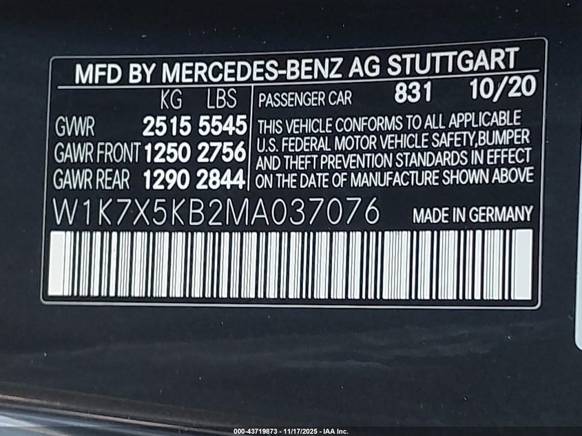 2021 Mercedes-benz AMG GT VIN W1K7X5KB2MA037076 IAAI salvage auction — All Over, Clear (California), sold $19,800 on 2026-01-08 (photo 9)