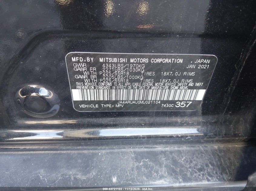 2021 Mitsubishi Outlander VIN JA4ARUAU0MU021104 IAAI salvage auction — FRONT & REAR, Salvage Title, sold $1,450 on 2026-07-21 (photo 9)
