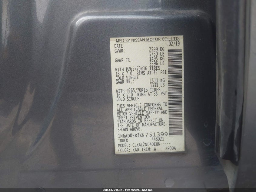 2019 Nissan Navara (frontier) VIN 1N6AD0ER3KN751399 IAAI salvage auction — FRONT END, Salvage Title, sold $3,600 on 2026-07-21 (photo 9)