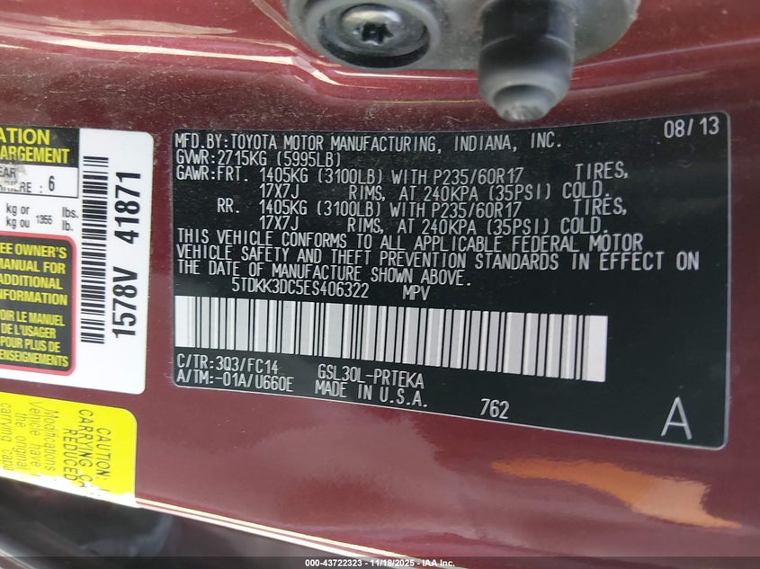 2014 Toyota Sienna VIN 5TDKK3DC5ES406322 IAAI salvage auction — FRONT END, Salvage (Illinois), sold $2,700 on 2026-07-15 (photo 9)