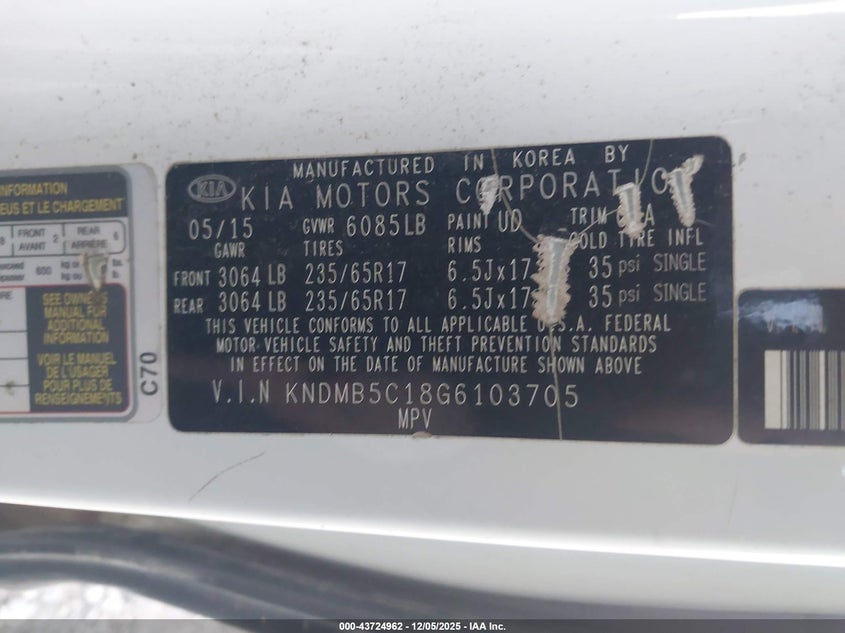 2016 Kia SEDONA VIN KNDMB5C18G6103705 IAAI salvage auction — FRONT END, Salvage (Arkansas), sold $225 on 2026-07-30 (photo 9)