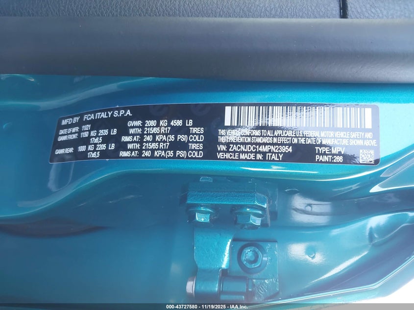 2021 Jeep Renegade VIN ZACNJDC14MPN23954 IAAI salvage auction — ROLLOVER, Salvage Title, sold $2,500 on 2026-07-29 (photo 9)