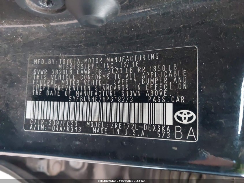 2017 Toyota Corolla VIN 5YFBURHE7HP618273 IAAI salvage auction — FRONT END, Clear (Oklahoma), sold $1,250 on 2026-07-29 (photo 9)