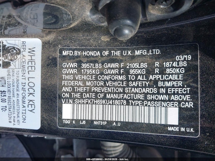 2019 Honda Civic VIN SHHFK7H69KU418078 IAAI salvage auction — FRONT END, Salvage Title, sold $775 on 2026-07-22 (photo 9)