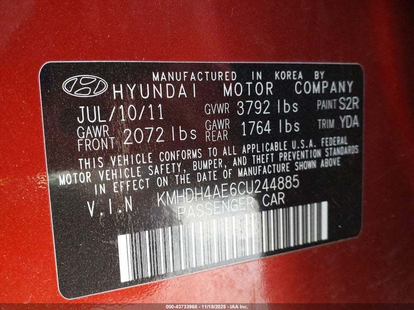 2012 Hyundai Elantra VIN KMHDH4AE6CU244885 IAAI salvage auction — RIGHT FRONT, Salvage (Oklahoma), sold $25 on 2026-07-29 (photo 9)