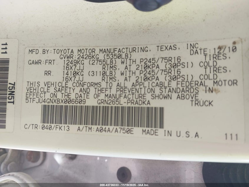 2011 Toyota Tacoma VIN 5TFJU4GNXBX006609 IAAI salvage auction — FRONT END, Salvage (North Carolina), sold $2,550 on 2026-07-31 (photo 9)