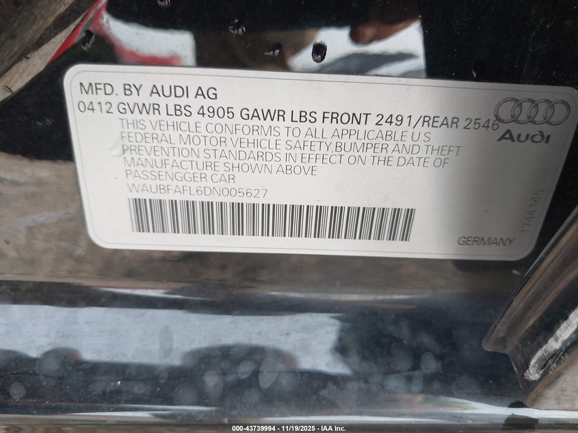 2013 Audi A4 VIN WAUBFAFL6DN005627 IAAI salvage auction — LEFT SIDE, Other, sold $200 on 2026-07-16 (photo 9)