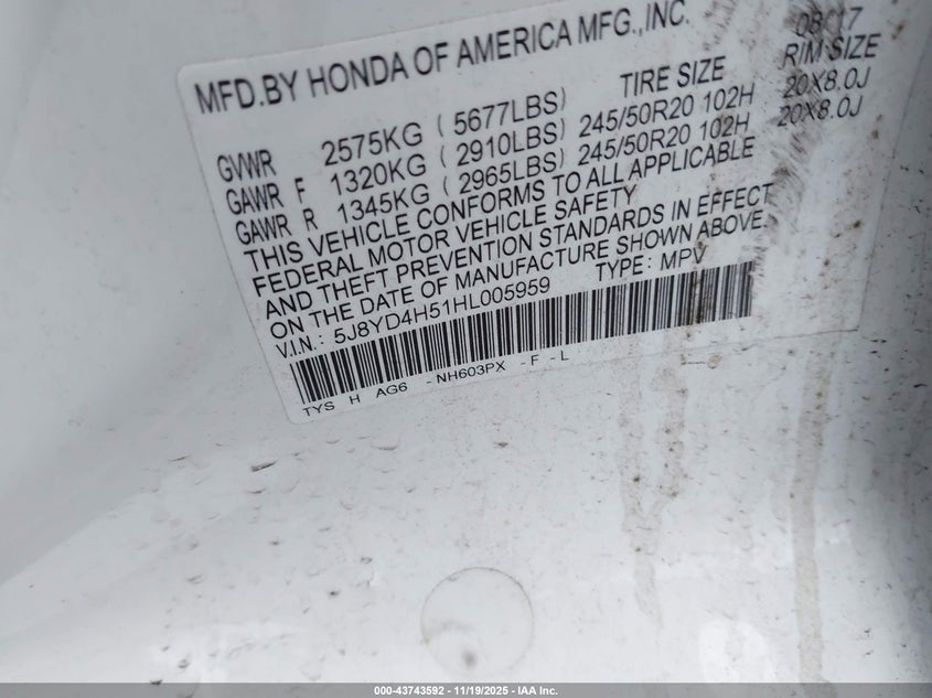 2017 Acura Mdx VIN 5J8YD4H51HL005959 IAAI salvage auction — SIDE, Salvage (Minnesota), sold $7,100 on 2026-07-20 (photo 9)