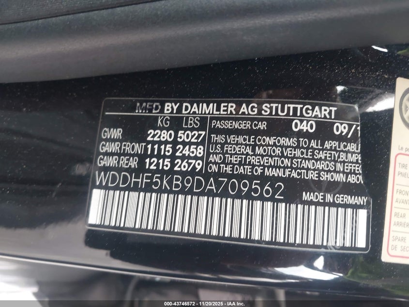 2013 Mercedes-Benz E-Class VIN WDDHF5KB9DA709562 IAAI salvage auction — Front End, Salvage (California), sold $700 on 2026-01-08 (photo 9)