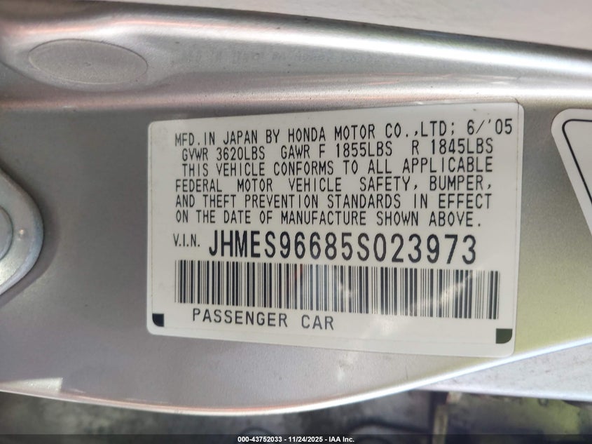2005 Honda Civic hybrid VIN JHMES96685S023973 IAAI salvage auction — FRONT END, Salvage (California), sold $600 on 2026-07-06 (photo 9)