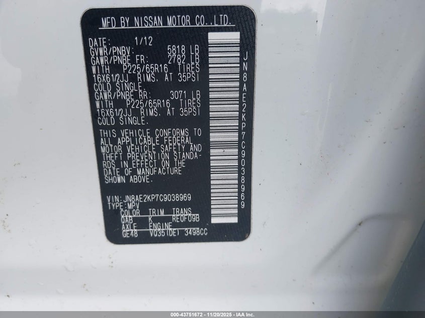 2012 Nissan Quest VIN JN8AE2KP7C9038969 IAAI salvage auction — REAR END, Salvage Title, sold $825 on 2026-07-22 (photo 9)