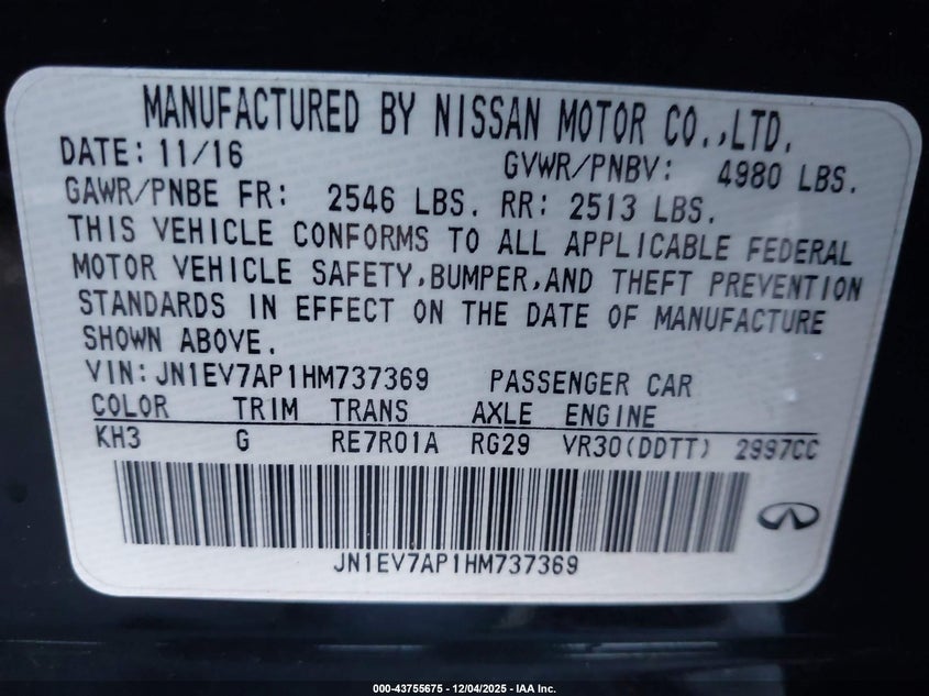 2017 Infiniti Q50 VIN JN1EV7AP1HM737369 IAAI salvage auction — FRONT & REAR, Salvage (New Jersey), sold $1,000 on 2026-07-21 (photo 9)
