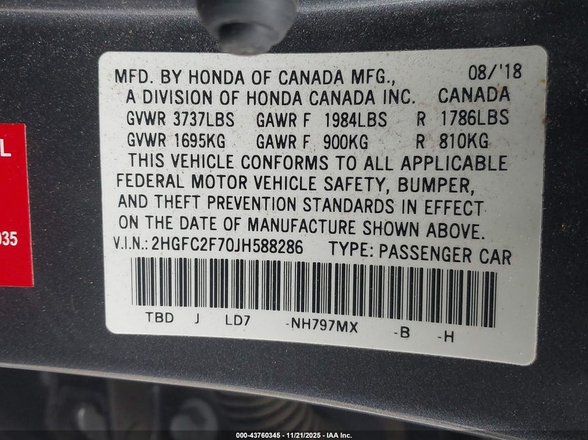 2018 Honda Civic VIN 2HGFC2F70JH588286 IAAI salvage auction — FRONT END, Salvage Title, sold $4,100 on 2026-07-27 (photo 9)