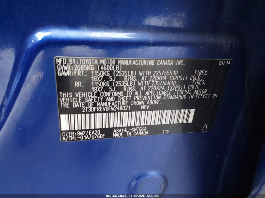 2015 Toyota Rav 4 VIN 2T3DFREV0FW248021 IAAI salvage auction — FRONT & REAR, Salvage Title, sold $3,950 on 2026-07-09 (photo 9)