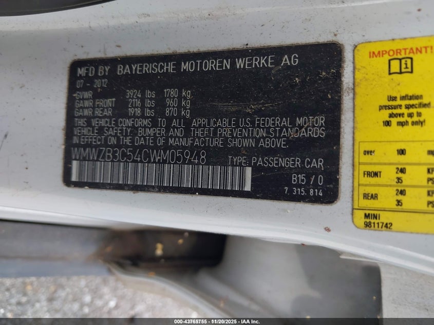 2012 Mini Cooper VIN WMWZB3C54CWM05948 IAAI salvage auction — ALL OVER, Other, sold $225 on 2026-08-17 (photo 9)