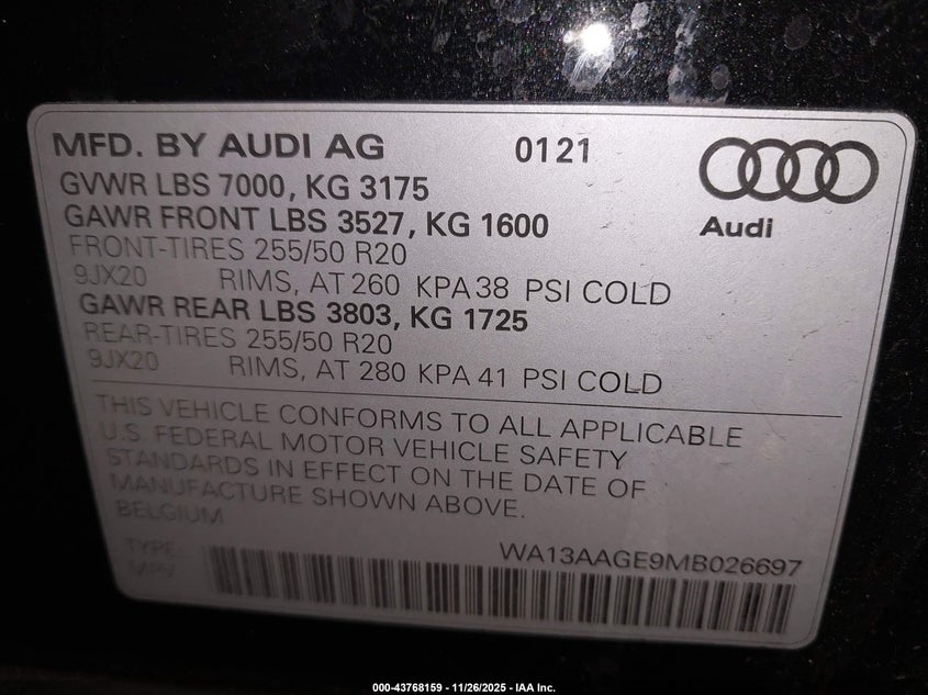 2021 Audi E-tron sportback VIN WA13AAGE9MB026697 IAAI salvage auction — RIGHT FRONT, Salvage Title, sold $13,900 on 2026-08-16 (photo 9)